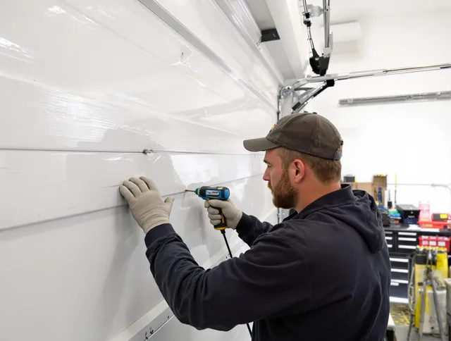Garden Grove Garage Door Repair technician demonstrating precision dent removal techniques on a Garden Grove garage door