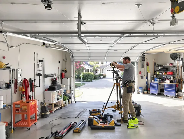Garden Grove Garage Door Repair specialist performing laser-guided track alignment in Garden Grove